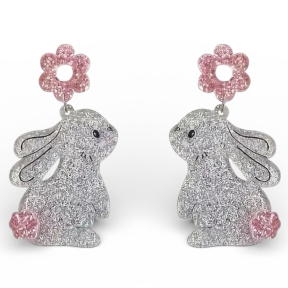 Whimsy_and_Rose Jewelry - Silver Glitter Easter Bunny Earrings